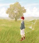  cape cloud day full_body highres looking_at_viewer male_focus namito original pants red_hair sky solo tree white_pants 
