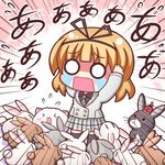  &gt;_&lt; angora_rabbit anko_(gochiusa) arms_up black_legwear black_ribbon black_shirt blazer blonde_hair blush bunny chibi closed_eyes collared_shirt english eyebrows eyebrows_visible_through_hair flying_sweatdrops gochuumon_wa_usagi_desu_ka? grouse01 hair_ribbon jacket kirima_sharo long_sleeves looking_at_another necktie o_o open_mouth plaid plaid_neckwear pleated_skirt ribbon school_uniform shirt skirt standing teardrop tedeza_rize's_school_uniform tippy_(gochiusa) too_many too_many_bunnies wavy_mouth |_| 