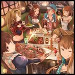  6+girls :p absurdres anila_(granblue_fantasy) animal_ears blonde_hair blue_eyes blush braid breasts brown_eyes brown_hair carren_estapera clarisse_(granblue_fantasy) cleavage dorothy_(granblue_fantasy) draph ears eating erune eyebrows_visible_through_hair fingerless_gloves fish food gloves granblue_fantasy green_eyes hair_ornament hair_ribbon hat highres long_hair looking_at_viewer mary_(granblue_fantasy) meat medium_breasts menu metera_(granblue_fantasy) mole mole_under_mouth multiple_girls one_eye_closed open_mouth orange_hair plaid plaid_skirt ponytail red_eyes ribbon salad saliva skirt smile table tongue tongue_out tray twintails yatsuka_(846) zeta_(granblue_fantasy) 