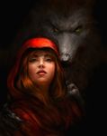  2016 angry big_bad_wolf black_background black_claws black_fur blue_eyes canine cape chris_scalf claws clothing detailed digital_media_(artwork) duo female fur green_eyes guardian hair hand_on_shoulder hi_res human little_red_riding_hood little_red_riding_hood_(copyright) long_hair looking_at_viewer male mammal nude portrait red_hair sharp_claws simple_background wolf 