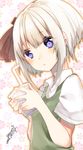  2016 bad_id bad_twitter_id blue_eyes blue_pupils blush bow collared_shirt colored_eyelashes cup dated drinking_straw floral_background green_vest hair_bow highres holding holding_cup konpaku_youmu looking_at_viewer parted_lips shirt short_hair signature solo touhou upper_body varyu vest white_shirt 