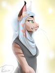  anthro clothed clothing fangs feline female mammal simple_background smile solo teeth terryburrs 