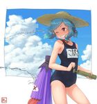  alternate_costume alternate_hairstyle blue_hair blue_sky blush chin_strap closed_umbrella cloud collarbone cowboy_shot day flat_chest grin hat hips karakasa_obake kitano_(kitanosnowwhite) looking_to_the_side one-piece_swimsuit one_eye_closed red_eyes shiny shiny_hair shiny_skin short_hair short_ponytail sidelocks signature sky smile solo squirting straw_hat swimsuit tatara_kogasa thighs tongue touhou umbrella water x) 