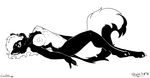  2008 2016 anthro bedroom_eyes big_breasts breasts carlita claws digital_media_(artwork) female half-closed_eyes hi_res long_tail looking_at_viewer mammal monochrome nipples nude platinum_blonde pose reclining redraw seductive skoon skunk skunkette smile solo 