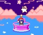  blue_eyes blue_hair cloud crossover doremy_sweet fountain fountain_of_dreams hat kaelu kirby kirby_(series) lowres nightcap pixel_art pom_pom_(clothes) red_hat star star_rod touhou |_| 