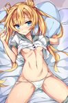  absurdres abukuma_(kantai_collection) bangs blonde_hair blue_eyes blush breasts commentary_request double_bun embarrassed hair_between_eyes hair_rings highres kantai_collection long_hair lying navel no_pants on_back panties school_uniform serafuku shirt_lift small_breasts solo sweat twintails unacchi_(nyusankin) underboob underwear wavy_mouth white_panties 