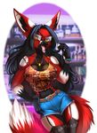  5_fingers anthro black_hair black_nose breasts canine clothed clothing eyewear female fluffy fluffy_tail fox fur glasses hair hand_on_hip jewelry long_ears long_hair mammal navel necklace pink_tongue red_fur solo sorafoxyteils standing tongue wide_hips yellow_eyes 