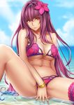  alternate_costume bare_arms bare_legs bare_shoulders between_legs bikini bracelet breasts cleavage closed_mouth expressionless fate/grand_order fate_(series) flower hair_flower hair_ornament hand_between_legs heart hibiscus horizon jewelry large_breasts leg_garter long_hair lontong looking_at_viewer midriff navel ocean pink_bikini purple_hair red_eyes scathach_(fate)_(all) scathach_(swimsuit_assassin)_(fate) sitting solo swimsuit very_long_hair water 