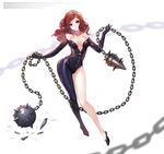  artist_request ball_and_chain bare_shoulders bodysuit breasts brown_hair chain cleavage elbow_gloves flail full_body gloves hades_(herowarz) herowarz highres hips jewelry legs long_hair looking_at_viewer medium_breasts purple_eyes solo thighs weapon wide_hips 