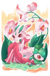  bad_id bad_pixiv_id blush chikochi flower fomantis gen_7_pokemon grass heart heart-shaped_pupils highres leaf lurantis no_humans orchid orchid_mantis pink_eyes pokemon pokemon_(creature) praying_mantis sitting sparkle symbol-shaped_pupils 