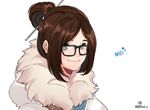  bad_id bad_pixiv_id black-framed_eyewear brown_eyes brown_hair character_name closed_mouth coat fur-trimmed_jacket fur_coat fur_trim futo_20 glasses hair_bun hair_ornament hair_stick jacket looking_at_viewer mei_(overwatch) overwatch parka short_hair simple_background smile solo twitter_username upper_body white_background winter_clothes winter_coat 