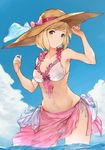  absurdres arm_up armpits bare_shoulders bikini blonde_hair blue_sky bow breasts brown_eyes cleavage cloud day djeeta_(granblue_fantasy) frilled_bikini frills granblue_fantasy hand_on_headwear hat hat_bow heart highres looking_at_viewer medium_breasts navel pink_bikini pink_bow pink_ribbon ribbon sarong see-through short_hair sky smile solo sun_hat swimsuit wading water wind yashigaras 