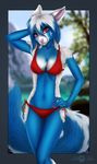  2016 anthro bikini blue_hair canine clothing etskuni eyelashes female fluffy fluffy_tail fox fur hair hand_behind_head hand_on_hip looking_at_viewer mammal midriff navel pink_nose red_eyes smile solo swimsuit teeth white_fur white_hair wide_hips 