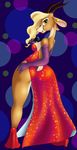  2016 antelope bottom_lip breasts clothing cosplay disney dress female footwear gazelle gazelle_(zootopia) high_heels jessica_rabbit lipstick looking_at_viewer looking_back mammal microphone neronova performer side_boob singer sparkly voluptuous who_framed_roger_rabbit zootopia 