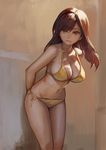  against_wall arms_behind_back aro_(charged_time_out) bangs bikini breasts brown_eyes brown_hair cleavage cowboy_shot large_breasts leaning_forward long_hair navel original solo strap_gap string_bikini swept_bangs swimsuit yellow_bikini 