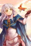  bad_id bad_pixiv_id bare_shoulders bird black_legwear cape dress fingerless_gloves fire_emblem fire_emblem:_akatsuki_no_megami gloves hair_ribbon half_updo light_particles long_hair long_sleeves micaiah nemupon_(goodlucky) pantyhose red_gloves ribbon side_slit silver_hair smile solo sparks twilight yellow_eyes yune 