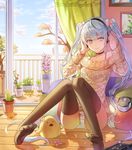  ahoge balcony bare_shoulders black_legwear blue_hair blue_sky cactus cherry_blossoms choker closed_mouth collarbone curtains day door flower_request hatsune_miku headphones indoors kim_eb long_hair long_sleeves looking_at_viewer no_pants off-shoulder_sweater open_door panties pantyshot pantyshot_(sitting) photo_(object) picture_frame plant potted_plant purple_eyes railing sitting sky sliding_doors smile soles solo spring_(season) striped striped_panties stuffed_animal stuffed_duck stuffed_toy sweater thighhighs tree underwear very_long_hair vocaloid wooden_floor 