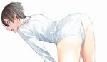  1boy ass black_hair blue_eyes from_behind hana_bell_forest high_speed! looking_at_viewer male_focus nanase_haruka_(free!) thighs white_background 
