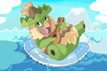  2014 barefoot beak blue_whale cloud cute detailed_background floating fur green_body happy hat inner_tube lily_pad ludicolo musical_instrument nintendo open_mouth orange_beak plant pok&eacute;mon sea sitting sky solo sombrero ukulele video_games water yellow_fur 