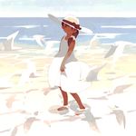  animal barefoot beach bird bow brown_bow brown_eyes brown_hair dark_skin dress full_body hat hat_bow highres looking_at_viewer md5_mismatch namito original outdoors side_ponytail sleeveless sleeveless_dress solo standing sun_hat sundress water white_dress 