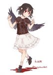  alternate_costume black_hair black_wings boots character_name contemporary cross-laced_footwear full_body highres lace-up_boots looking_away pointy_ears red_eyes shameimaru_aya shirt short_hair short_sleeves simple_background skirt smile socks solo striped striped_legwear touhou toutenkou twitter_username white_background wings 