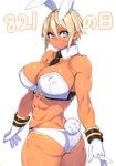  23_(real_xxiii) abs animal_ears ass bare_shoulders blonde_hair blue_eyes blush breasts bunny_ears bunny_girl bunny_tail cleavage covered_nipples dark-skinned_girl_(23) dark_skin detached_collar fake_animal_ears fake_tail gloves highres large_breasts lips looking_at_viewer looking_back midriff muscle muscular_female necktie open_mouth original panties short_hair simple_background solo tail underwear white_background white_gloves white_panties wrist_cuffs 