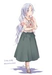  alternate_costume closed_mouth collarbone contemporary earrings full_body green_skirt highres jewelry long_hair long_skirt looking_at_viewer pendant sandals silver_eyes silver_hair simple_background skirt smile solo touhou toutenkou very_long_hair white_background yagokoro_eirin 
