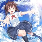  armpit_peek bow brown_eyes brown_hair cloud cloudy_sky day open_mouth original outstretched_arms outstretched_hand pleated_skirt school_uniform short_hair skirt sky solo yuuri_nayuta 