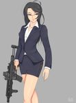  2016 artist_name assault_rifle bangs belt black_hair blue_jacket blue_skirt breasts brown_eyes cleavage closed_mouth collared_shirt expressionless formal g-e-n glasses grey_background gun heckler_&amp;_koch highres hk416 jacket jewelry lace lace-trimmed_skirt lips long_hair looking_to_the_side medium_breasts miniskirt necklace office_lady open_collar original rifle shirt side_slit simple_background skirt solo suit taut_clothes taut_shirt thighs weapon white_shirt 