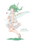  alternate_costume blouse contemporary daiyousei earrings fairy_wings full_body green_eyes green_hair highres jewelry looking_at_viewer pendant sandals short_sleeves side_ponytail simple_background skirt skirt_tug solo touhou toutenkou white_background white_blouse white_skirt wings 
