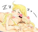  1girl blonde_hair blush breasts censored character_request copyright_request hetero large_breasts long_hair paizuri penis penis_on_face saliva sleep_molestation sleeping smile solo_focus tezunuri 