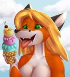  breasts canine cherry dessert diaminerre female food fox fruit green_eyes ice_cream joy licking mammal solo summer tongue tongue_out 