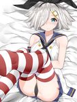  alternate_eye_color aqua_eyes bad_id bad_pixiv_id bare_shoulders black_panties blue_skirt blush breasts buttons collarbone cosplay crop_top elbow_gloves gloves gloves_removed hair_ornament hair_over_one_eye hairband hairclip hamakaze_(kantai_collection) highres kantai_collection large_breasts legs_up looking_at_viewer lying miniskirt on_back panties pleated_skirt sailor_collar school_uniform serafuku shimakaze_(kantai_collection) shimakaze_(kantai_collection)_(cosplay) short_hair silver_hair skirt solo striped striped_legwear suzuharu_toufu thighhighs underwear white_gloves 