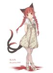  alternate_costume animal_ears arms_behind_back bangs blunt_bangs blush bow braid cat_ears cat_tail contemporary crossed_legs dress extra_ears full_body head_tilt high_heels highres kaenbyou_rin long_hair looking_at_viewer multiple_tails nekomata pantyhose pointy_ears print_dress red_eyes red_hair sheer_legwear shoes short_dress solo standing strappy_heels tail touhou toutenkou twin_braids twitter_username watson_cross white_background white_dress white_footwear 