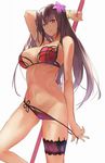  arm_behind_head arm_up backlighting bangs bikini bikini_pull bracelet breasts cleavage closed_mouth cowboy_shot fate/grand_order fate_(series) flower groin hair_between_eyes hair_flower hair_ornament holding holding_weapon jewelry jpeg_artifacts kunai large_breasts leg_garter legs_apart light_smile long_hair looking_at_viewer navel polearm pulled_by_self purple_hair red_bikini red_eyes scathach_(fate)_(all) scathach_(swimsuit_assassin)_(fate) side-tie_bikini simple_background smile solo strap_pull string_bikini swimsuit three_k_(spiritus_no_honoo) underboob undressing very_long_hair weapon white_background 