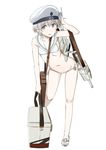  bad_id bad_twitter_id beret bikini blue_eyes blush bow box character_name flat_chest hat kantai_collection leaning_forward looking_at_viewer navel ningen_(ningen96) open_mouth sailor_bikini sailor_collar sandals seashell shell short_hair silver_hair smile solo strap swimsuit weapon white_bikini white_hat z1_leberecht_maass_(kantai_collection) 
