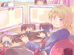  black_hair blazer bow brown_hair chair character_doll dual_monitor hair_bow jacket keyboard_(computer) koizumi_hanayo long_sleeves looking_at_viewer looking_back love_live! love_live!_school_idol_project monitor nekokun office_chair otonokizaka_school_uniform purple_eyes school_uniform short_hair sitting smile solo twintails typing yazawa_nico 