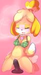 2016 animal_crossing anthro barefoot black_nose blonde_hair blush bottomless bra canine clothed clothing dog english_text eyes_closed female fur hair hair_ornament isabelle_(animal_crossing) lilnyams long_ears mammal nintendo sex sex_toy short_hair signature solo text underwear vaginal video_games white_fur yellow_fur 