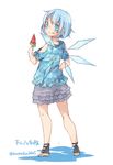  alternate_costume bare_shoulders blouse blue_blouse blue_eyes blue_hair character_name cirno contemporary earrings food food_on_face from_behind fruit full_body highres ice ice_wings jewelry layered_clothing looking_at_viewer looking_back popsicle puffy_sleeves sandals short_hair short_sleeves shorts shoulder_cutout simple_background smile solo touhou toutenkou twitter_username watermelon watermelon_bar white_background wings 