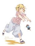  alternate_costume baggy_pants bishamonten's_pagoda black_legwear blonde_hair contemporary full_body highres multicolored_hair open_mouth outstretched_arms pants running sandals short_hair simple_background solo toramaru_shou touhou toutenkou two-tone_hair white_background 