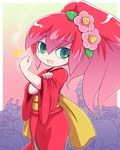  :d blush_stickers clenched_hand flower green_eyes hair_flower hair_ornament hand_on_own_arm high_ponytail japanese_clothes kimono long_hair looking_at_viewer multicolored_hair nollety open_mouth parody red_hair sleeves_rolled_up smile solo tsubakihime_(youkai_watch) two-tone_hair we_can_do_it! youkai_watch 