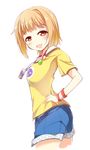  blue_shorts brown_eyes casual fuuna hand_on_hip light_brown_hair looking_at_viewer mimori_matsuri off-shoulder_shirt open_mouth polka_dot polka_dot_trim shirt short_hair shorts simple_background solo sweatband tokyo_7th_sisters white_background yellow_shirt 