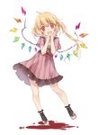  alternate_costume black_legwear blonde_hair contemporary dress fangs flandre_scarlet full_body highres looking_at_viewer open_mouth red_eyes shoes short_dress short_sleeves side_ponytail simple_background smile socks solo touhou toutenkou vampire white_background white_footwear wings 