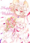  animal_ears bare_shoulders bouquet breasts bridal_veil cleavage collarbone dress english flower grey_hair hair_between_eyes hair_flower hair_ornament hall_jion jewelry medium_breasts mouse_ears nazrin pendant petals red_eyes solo strapless strapless_dress touhou veil wedding_dress white_background white_dress 