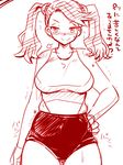 bangs belly blush breasts buruma commentary_request gundam gundam_build_fighters gundam_build_fighters_try hair_ornament hand_on_hip large_breasts long_hair love_handles monochrome muffin_top plump sako_(bosscoffee) sazaki_kaoruko sketch solo swimsuit swimsuit_under_clothes thick_thighs thighs translated twintails undersized_clothes underwear weight_conscious wet white_background 