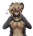  2016 anthro breasts clothed clothing collar digital_media_(artwork) ear_piercing f-r95 falla fangs feline female fur hair looking_at_viewer mammal nipples piercing saber-toothed_cat sabertooth_(feature) simple_background solo tongue 
