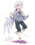  alternate_costume black_pants black_ribbon blouse blue_blouse collarbone contemporary feathered_wings feathers full_body highres kishin_sagume looking_at_viewer nail_polish one_eye_closed pants red_eyes ribbon sandals simple_background single_wing solo standing standing_on_one_leg touhou toutenkou white_background white_hair white_wings wings 