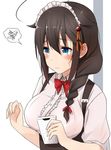  3: absurdres ahoge alternate_costume black_hair blue_eyes bow bowtie braid commentary_request hair_flaps hair_ornament highres holding kantai_collection long_hair maid_headdress name_tag remodel_(kantai_collection) saku_(kudrove) shigure_(kantai_collection) single_braid solo sweat translated underbust waitress 