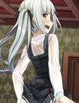  angry blush commentary_request door dress from_behind indoors kantai_collection kasumi_(kantai_collection) long_hair looking_back open_mouth out-of-frame_censoring panties panty_pull pinafore_dress remodel_(kantai_collection) see-through shirt side_ponytail silver_hair sitting solo underwear water_drop wet wet_clothes wet_dress wet_shirt white_shirt wooden_ceiling yellow_eyes zero_(miraichizu) 