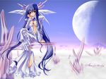  artist_request barefoot blue_eyes blue_hair blue_nails breasts cleavage dorothea_alstroemeris dress frills gathers hand_on_own_cheek hand_on_own_face head_fins highres horns large_breasts long_hair moldavite moon nail_polish navel sitting sky solo toenail_polish very_long_hair wallpaper watermark 